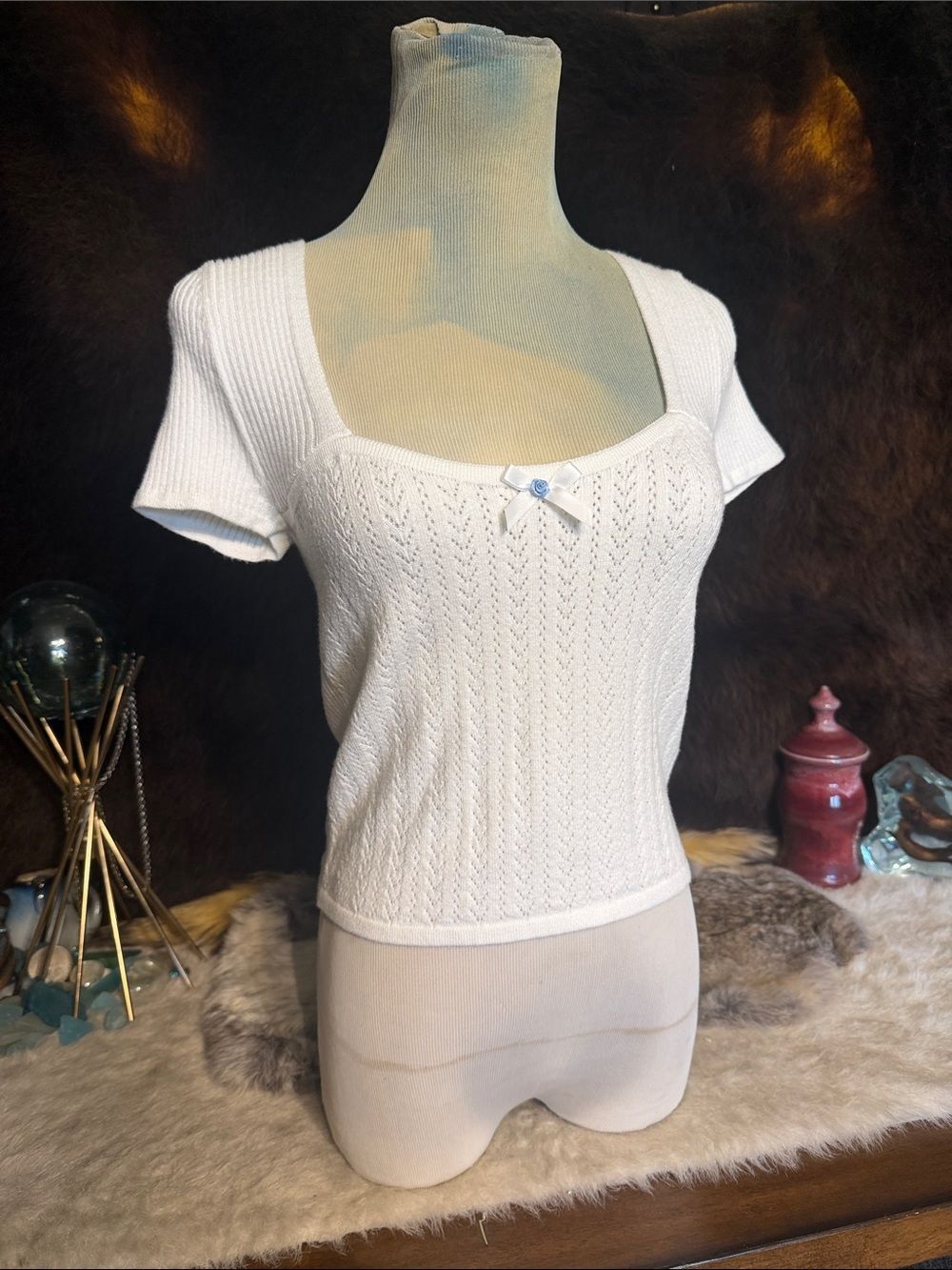 White Knit Short-Sleeve Scoop Neck Top M (1600)